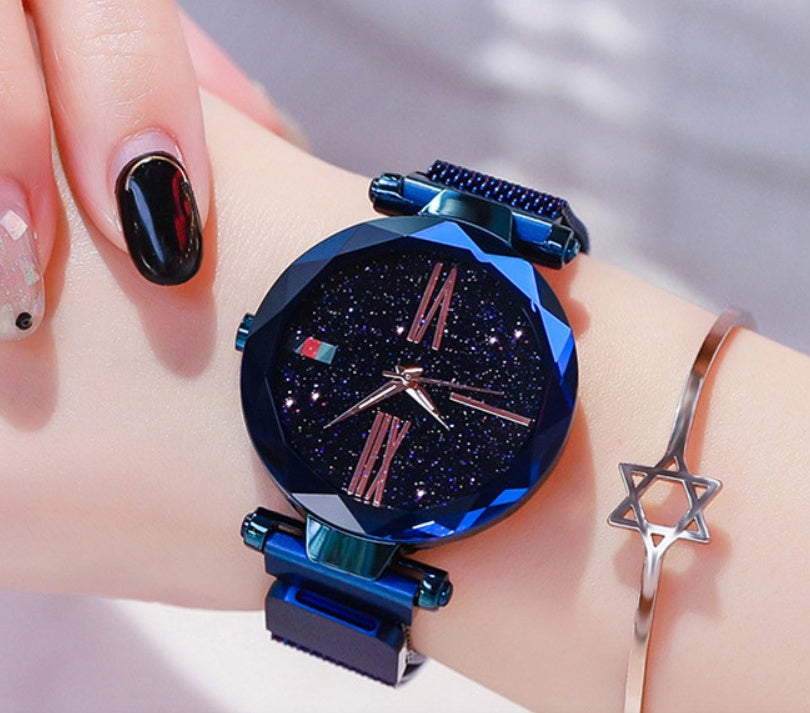 Luxury Women Watches Mesh Ladies Clock Magnet Buckle Starry Diamond Geometric Surface Quartz Wristwatch