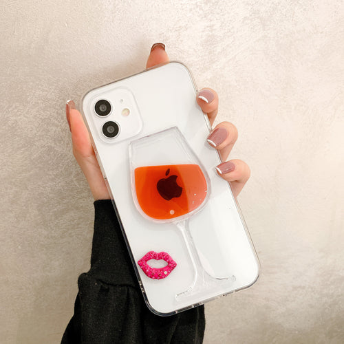 Compatible With Apple, 3D Hot Red Wine Liquid Glass Lips Transparent Sand Transparent Phone Case Cover