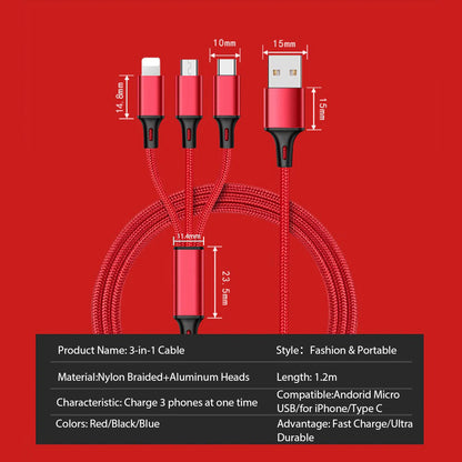 3 In 1 USB Cable For 'IPhone XS Max XR X 8 7 Charging Charger Micro USB Cable For Android USB TypeC Mobile Phone Cables